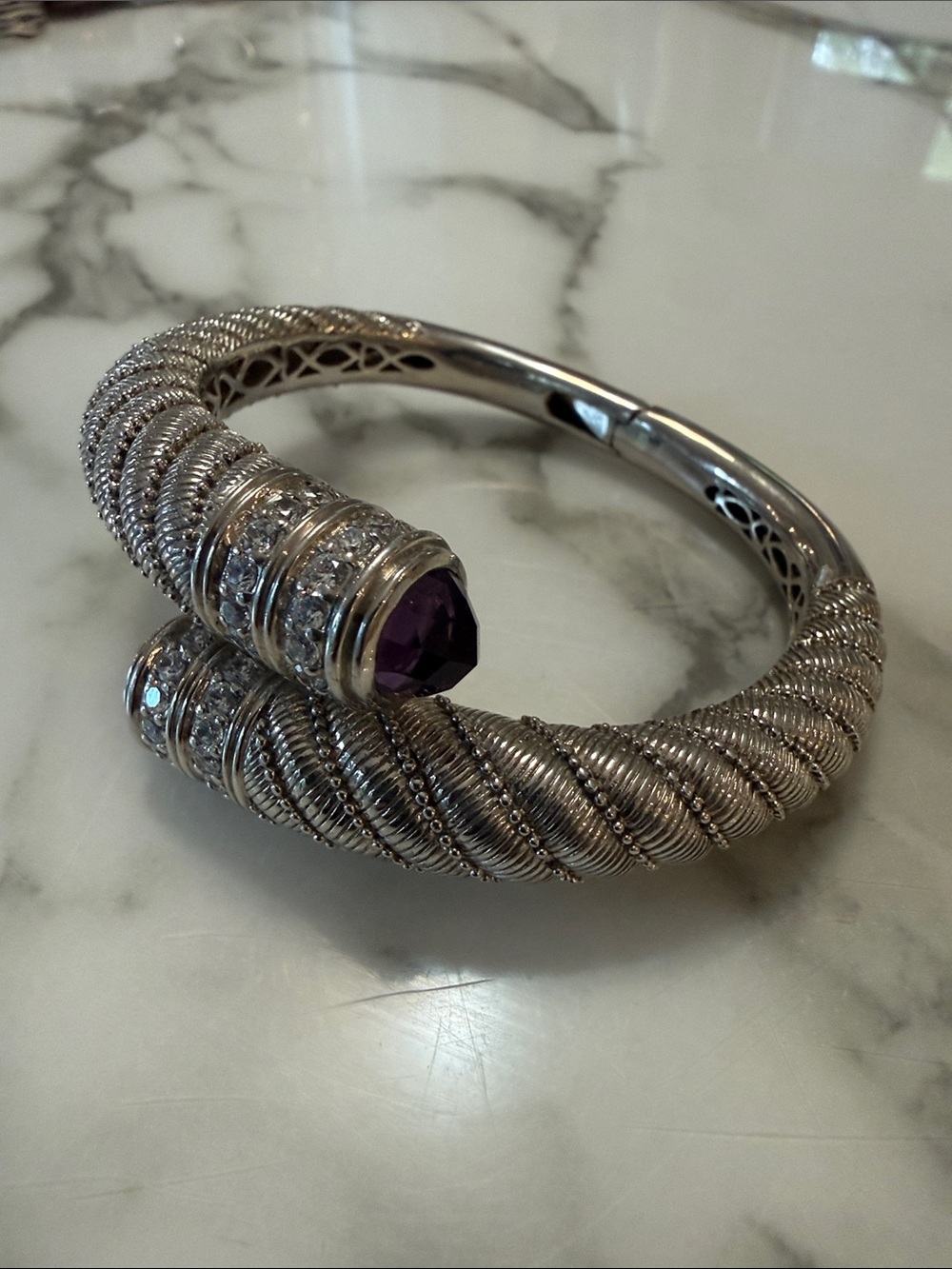 Judith Ripka Sterling silver hinged bracelet with amethysts and CZs